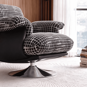 Fauteuil d'appoint pivotant moderne en velours à carreaux noir et blanc, avec pieds en bois, design ergonomique pour salon et salle à manger - Product Image 5