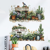 Autocollant mural amovible en aquarelle pour jardin, fleurs en pot, cactus, autocollant mural en vinyle résistant aux UV, imperméable, décoration intérieure