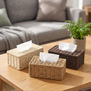 Handmade Woven Tissue <b>Box</b> Cover Rectangular Natural Brown <b>Beige</b> Nordic Style Desktop <b>Storage</b> - Product Image 4