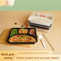 Boîte à lunch jetable en plastique TeGuan à 4 compartiments, sections divisées, capacité de 32 oz/1000 ml, couvercle anti-fuite, compatible micro-ondes