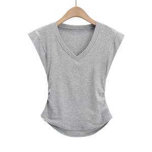 Camiseta de manga mariposa con volantes laterales y cuello en V para mujer, Top elástico de Color sólido, 2022 - Product Image 2
