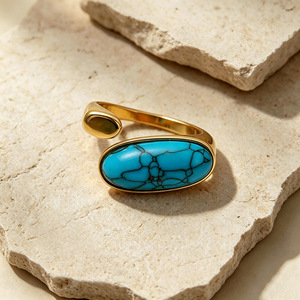 Anillos de Acero Inoxidable 316L con Piedra Turquesa al por Mayor, Anillo Ajustable de Acero de Titanio con Baño de Oro PVD de 18K para Mujer - Product Image 3