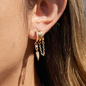 Boucles d'oreilles pendantes en acier inoxydable plaqué or 18 carats avec strass, trois couches, anneau en C, pompon, bijoux géométriques pour femmes - Product Image 2