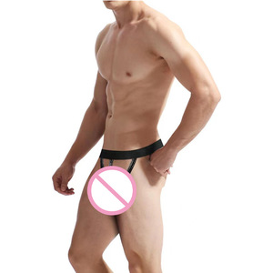 Men's Faux <b>Leather</b> Thong Black Low-Rise Spandex Sexy <b>Underwear</b> With Ring Detail - Product Image 3