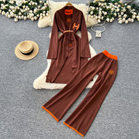 Kadin 3-Piece kadın moda 3 parça örgü Set uzun bel kravat hırka kısa kollu T Shirt geniş bacak pantolon