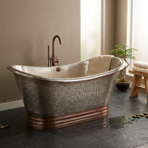 Baignoire rectangulaire avec couvercle, nickel poli à l'intérieur, patine à l'extérieur, double marchepied, baignoire autoportante en cuivre, luxe abordable - Product Image 1