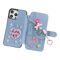 Étui de téléphone en jean style Ins avec broderie en forme de cœur et de papillon pour iPhone 16 Pro Max
