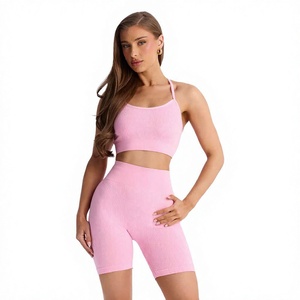 Women's Pink Ribbed 2 Piece <b>Set</b> <b>Square</b> Neck Spaghetti Strap Crop Top High Waist Shorts - Product Image 1