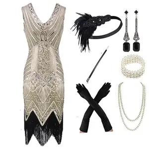 Ecoparty Women 1920s Vintage Flapper Fringe Beaded Gatsby Party Dress with 20s Accessories Set