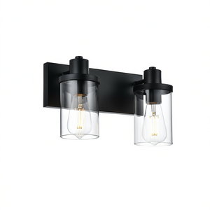Modern <b>Rustic</b> 2-<b>Light</b> Wall Sconce Matte Black Finish Clear Glass Shade <b>Bathroom</b> <b>Vanity</b> Lighting - Product Image 1