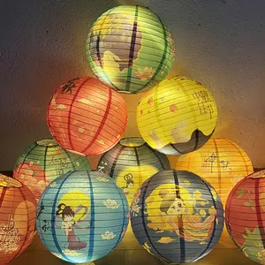 LUCKY Linternas de papel del Festival del Medio Otoño de estilo oriental Linternas plegables redondas decoradas para festivales tradicionales chinos
