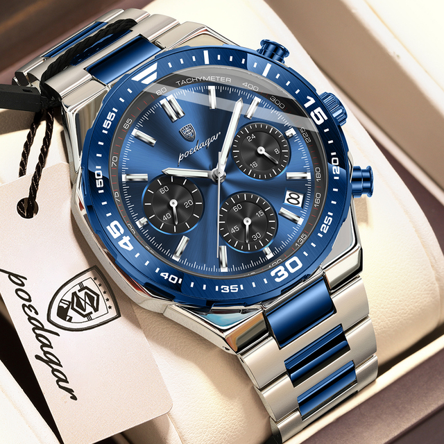 Poedagar 697 Business Luminous Waterproof Wristwatch Stainless Steel Strap Chronograph Men's Quartz Watch