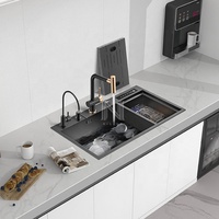 Évier de cuisine intelligent moderne fait main DN 33x19 pouces, quatre trous, en acier inoxydable 304, noir nano, double bac carré avec couvercle dissimulé
