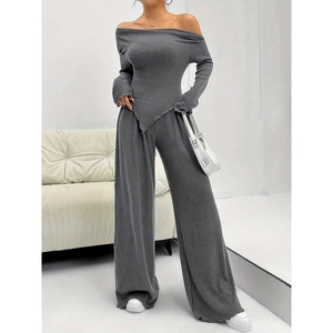 ชุดลำลองใหม่ เสื้อถักคอปกเดี่ยวแบบเปิดไหล่ กางเกงขายาวทรงกว้าง ชุดเซ็ต 2 ชิ้นสำหรับผู้หญิง แฟชั่น - Product Image 5