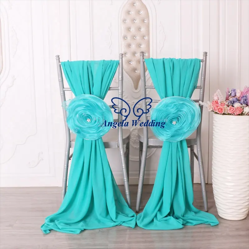 SH096A wholesale wedding outdoor blue chiffon chair sash hood with flower