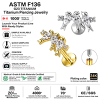 Labret en Titane G23 ASTM F136 avec Collier d'oreille Goutte d'eau Colombe de la Paix en Zircon Cubique, Fileté Intérieurement, Plaqué Or 24K, pour Piercing Tragus, Hélix, Lobe