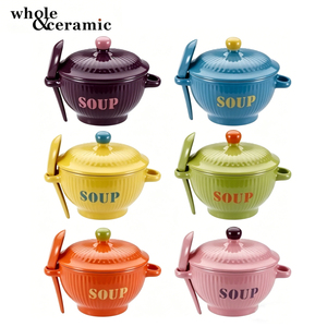 Vente en gros de bols à soupe en céramique japonaise rose côtelée avec <span class=keywords><strong>poignée</strong></span> et couvercles, bols à soupe en céramique Miso pour la vaisselle de restaurant - Product Image 1