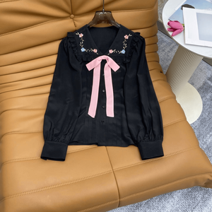 Blusa de Mujer con Cuello con Volantes, Bordada, Manga Larga, Lazo, Botones, Estilo Casual - Product Image 1