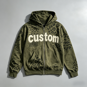 Sweat à capuche zippé pour homme personnalisé, style vintage délavé à l'acide, imprimé léopard, coupe oversize, avec lettres appliquées effet usé, style streetwear - Product Image 1