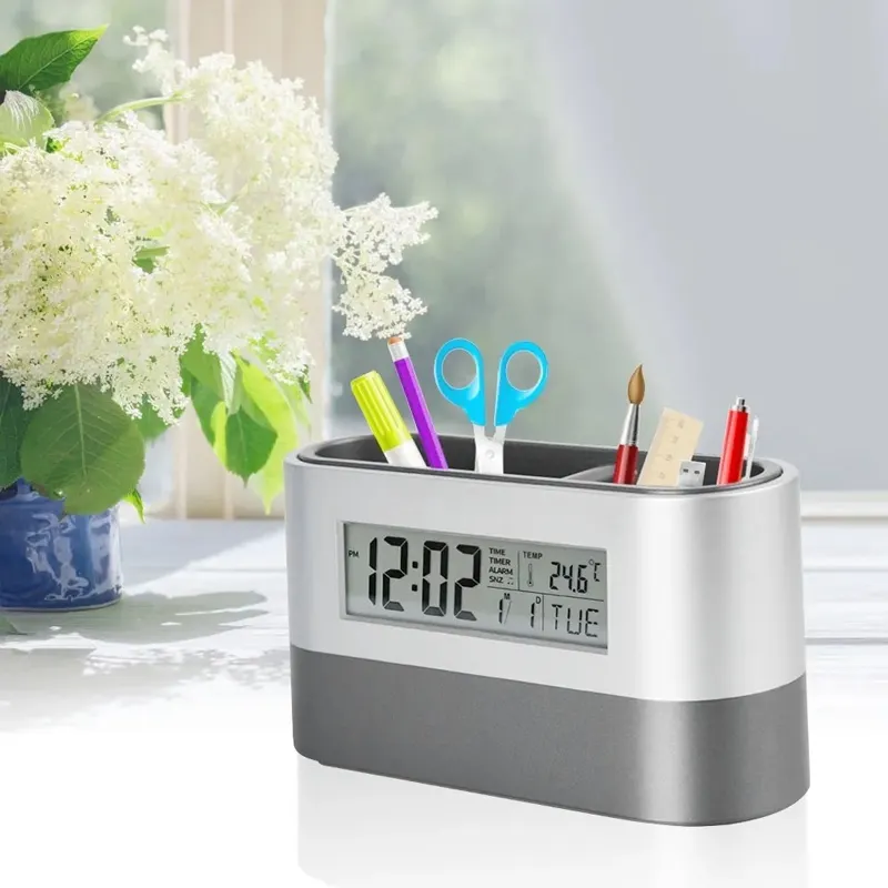 펜 홀더와 2024 LCD 테이블 알람 시계 선물 프로모션 광고 디지털 캘린더 시계
