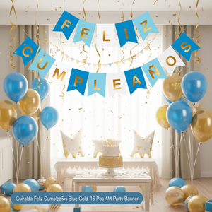 Bannière de fête Joyeux Anniversaire Bleu et Or 16 pièces 4M Décoration d'anniversaire - Product Image 1