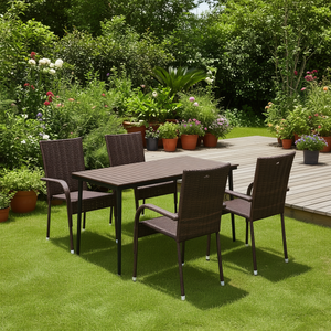 Set da pranzo da giardino in rattan marrone a 5 pezzi con struttura in acciaio, mobili da esterno in stile contemporaneo, 4 posti - Product Image 2