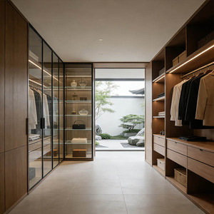 <span class=keywords><strong>Dressing</strong></span> en chêne massif avec éclairage LED, portes vitrées, tiroirs et îlot central pour villa et appartement - Product Image 2