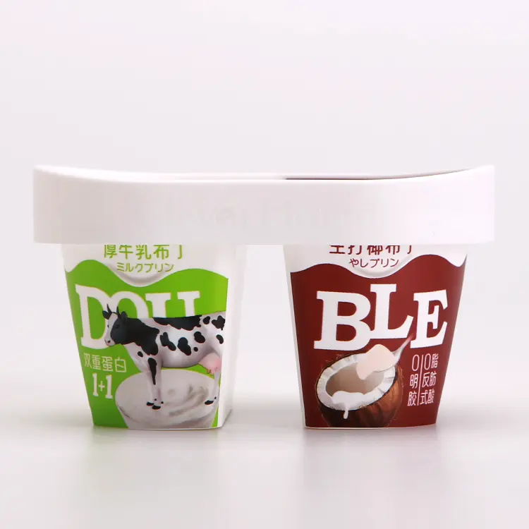Tek kullanımlık dondurma küvet dayanıklı IML ambalaj yoğurt konteyner özel baskılı plastik yoğurt Pot kapaklı bardak ve kaşık