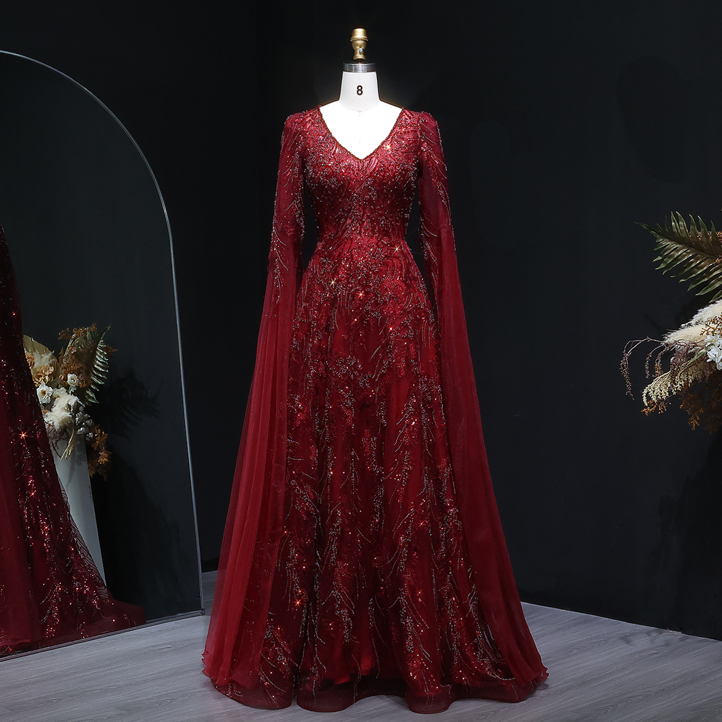 fitted lace wedding dress Plus Size Sweetheart Long Sleeve Burgundy Sequin Prom Dress PJM041L main image 0