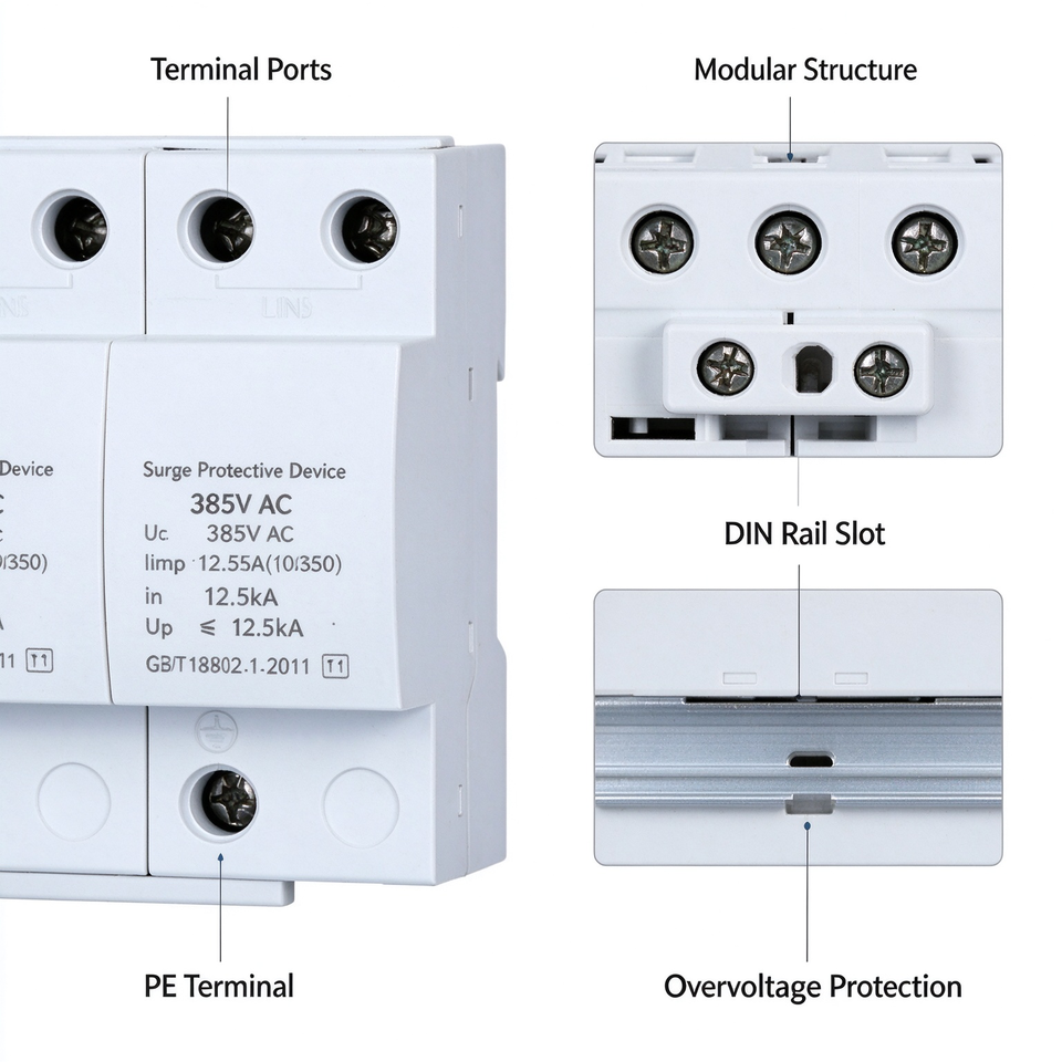 Surge Protection Device Fitting 4P Type 1 Surge Protective Device 385V AC 12.5kA Iimp 10/350μs ...