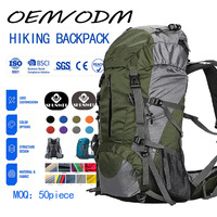 Fabricant de sacs de voyage OEM, sac à dos de randonnée de grande capacité 50L, sac de sport imperméable, sac d'essentiels de camping avec housse de pluie