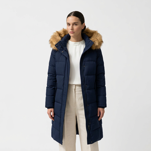 Veste matelassée pour femme, bleu marine, à capuche, manches longues, hiver, couleur unie, rembourrage en coton, coupe-vent, imperméable, fermeture éclair - Product Image 1