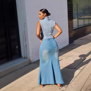 -Fashionale Denim High Slit <span class=keywords><strong>Asual</strong></span> Simple Mujeres Faldas Maxi - Product Image 3