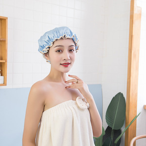 Shower Cap Double Layer Waterproof PEVA Thickened For Women Hair Protection Bathing Shower Use Pink Gray Blue Dusty Rose - Product Image 2