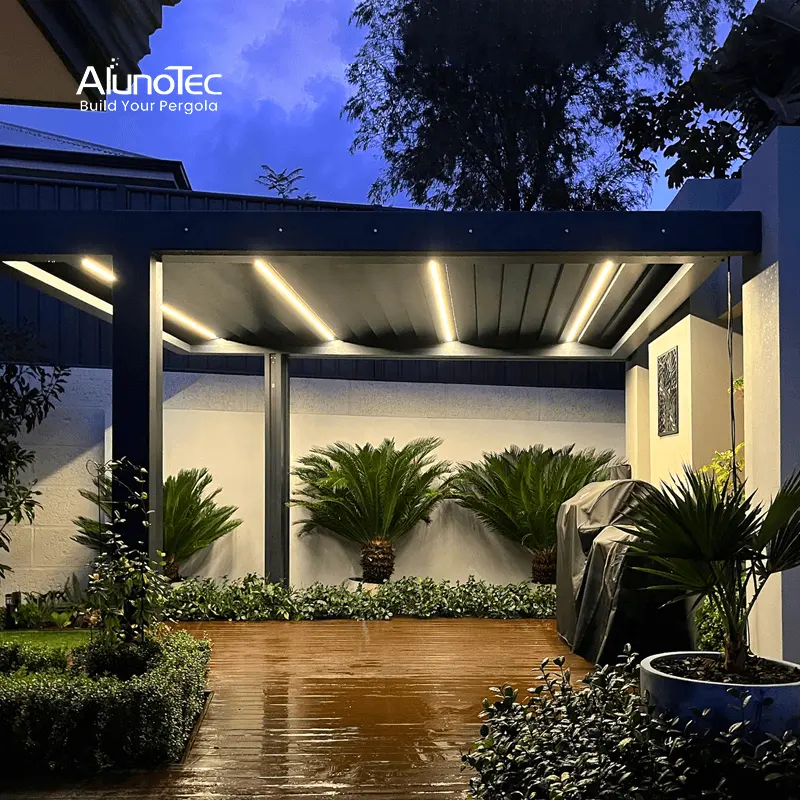 AlunoTec metal exterior grelha telhado elétrico pavilhão alumínio impermeável Pergola com WPC Decking