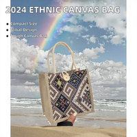 Sac à déjeuner portable en toile de lin ethnique classique pour femme, collection été 2024, fermeture ouverte, capacité 2-2,9 L, doublure polyester, tendance