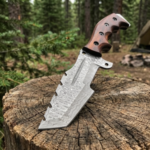 Couteau de chasse, de dépecage, de survie et de camping OEM 10 pouces, fait main, en acier Damas à haute teneur en carbone, à lame pleine, avec manche en bois de rose - Product Image 1