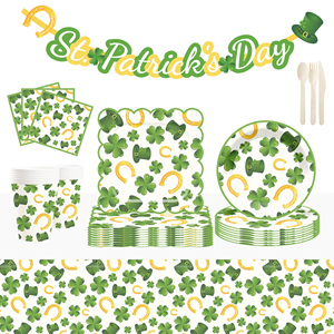 Décorations de fête de la Saint-Patrick DAMAI, ensembles de vaisselle jetable, assiettes, serviettes et gobelets à motif trèfle à quatre feuilles - Product Image 2