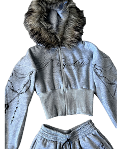<b>Gothic</b> Men's Hooded Zip-Up Sweatshirt With Fur Collar Embroidered Cross Chain Design Oversized Winter Streetwear <b>Jacket</b> - Product Image 2