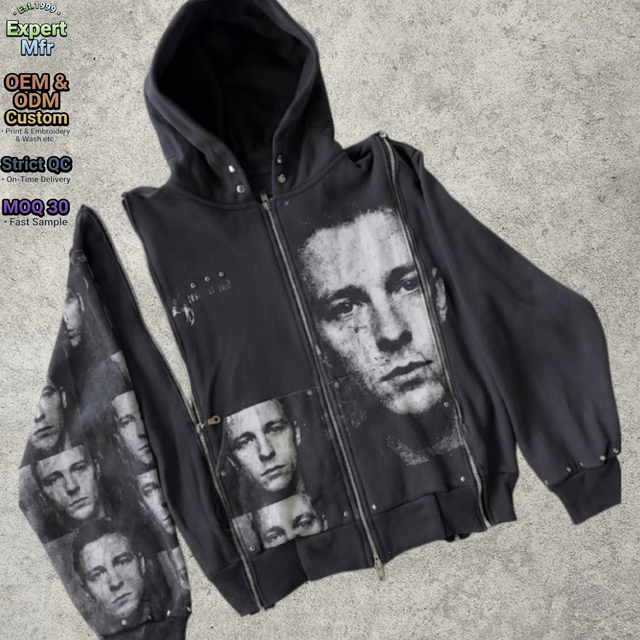 Custom Y2K Grunge Detachable Sleeve Zip up Hoodie Mens High Street Graphic Printed Modular Jacket Streetwear Oversized Hooded