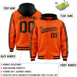 Veste universitaire personnalisée unisexe pour adulte, à capuche, style baseball, avec nom, numéro et logo d'équipe brodés, orange et noir - Product Image 3