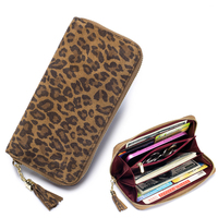 Femmes grande capacité Rfid Long portefeuille motif léopard Portable fermeture éclair porte-monnaie porte-carte glands en cuir véritable