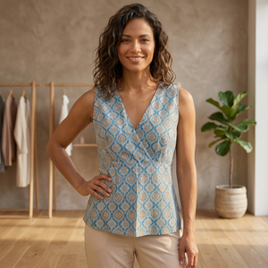 Blusa sin mangas con cuello en V estilo bohemio para mujer, estampado geométrico tejido, 100% algodón, estilo cruzado y atado, informal, para primavera/verano. - Product Image 3