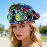Chapeau de Capitaine Steampunk à Paillettes Arc-en-ciel et Clous, avec Lunettes, pour Femme, pour Fête et Festival (Burning Man), Vente en Gros, MOQ 3