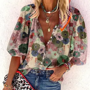 2023 New casual wear short Sleeve tops Printed Shirt floral Blouse For Ladies