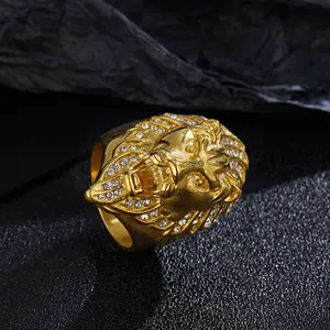 Micro Pave Rhinestone Iced Out Bling Lion Head Mens Ring IP Gold Filled Titanium 18KGold Plated Steel Rings For Men Jewelry