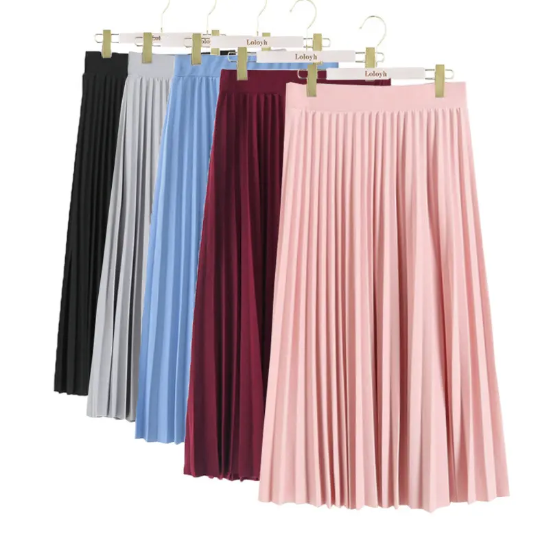 Spring autumn personalized high waist long skirt solid color elastic women pleated skirts