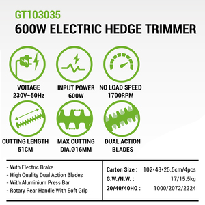 Taille-haie électrique VERTAK 600W, capacité de coupe de 510mm, double lame, taille-haie - Product Image 2