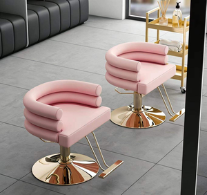 Équipement de salon de beauté moderne, chaise de coiffeur en cuir rose, chaise de coiffure de luxe, petite, simple, base ronde, pour femmes - Product Image 1