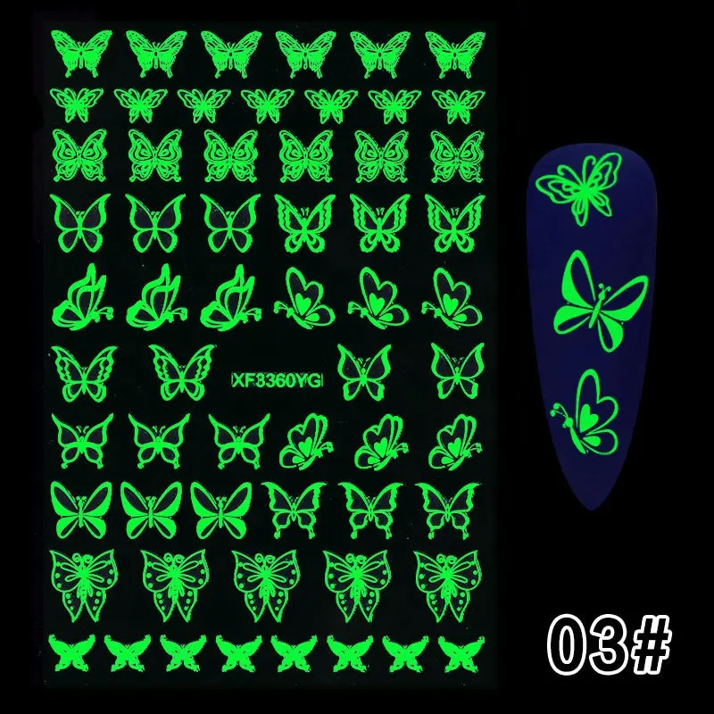 Hot Sale Luminous Back Glue Nail Stickers Professional Uv lamp/led lamp Sticker Nails Art 3D Butterfly Nail Art Stickers